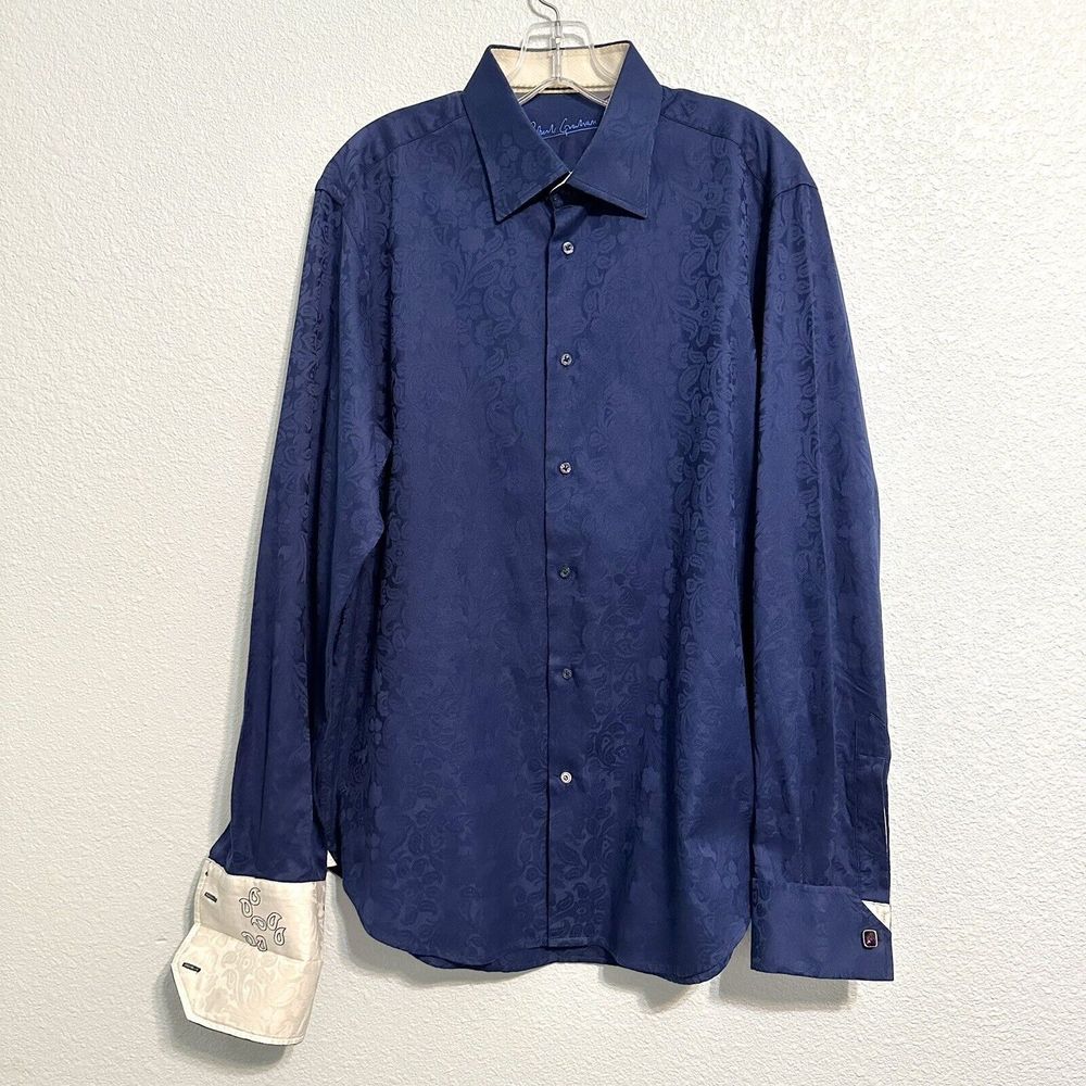 Robert Graham Shirt Mens Size Large Flip Cuff Blue Button Up Paisley Print 16.5